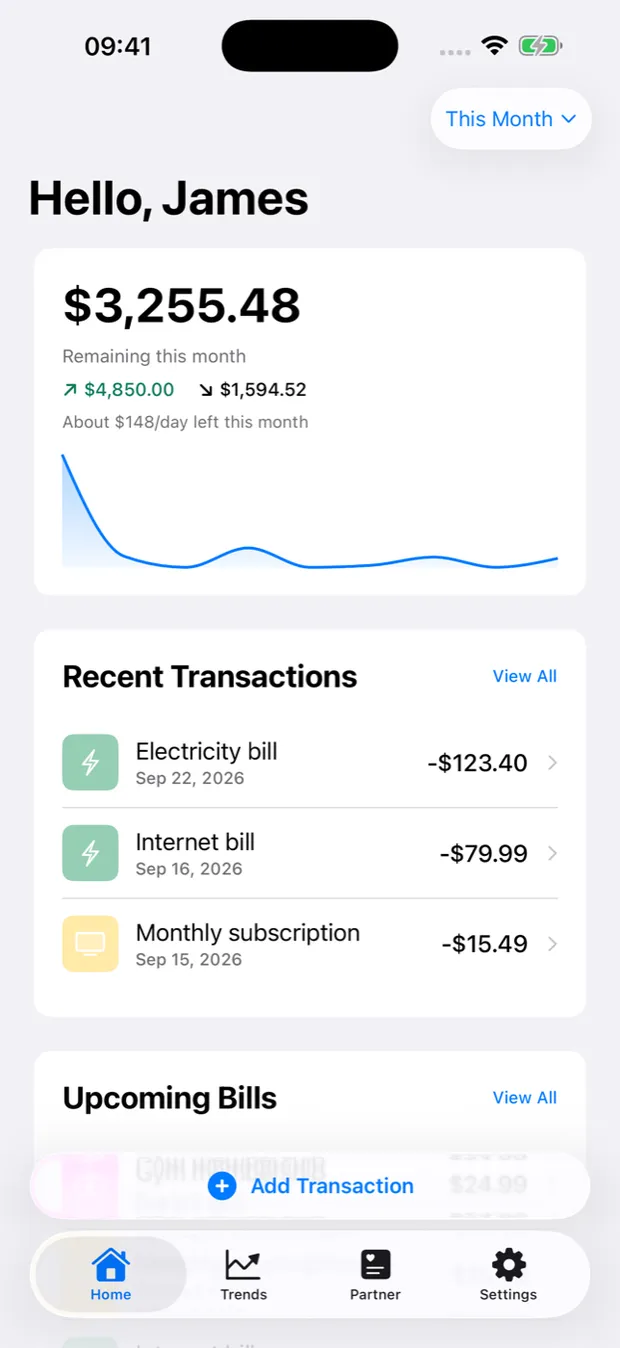 Spendimo Home screen showing the amount remaining this month