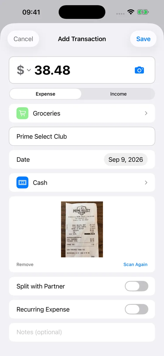 Spendimo Add Transaction screen with a scanned grocery receipt