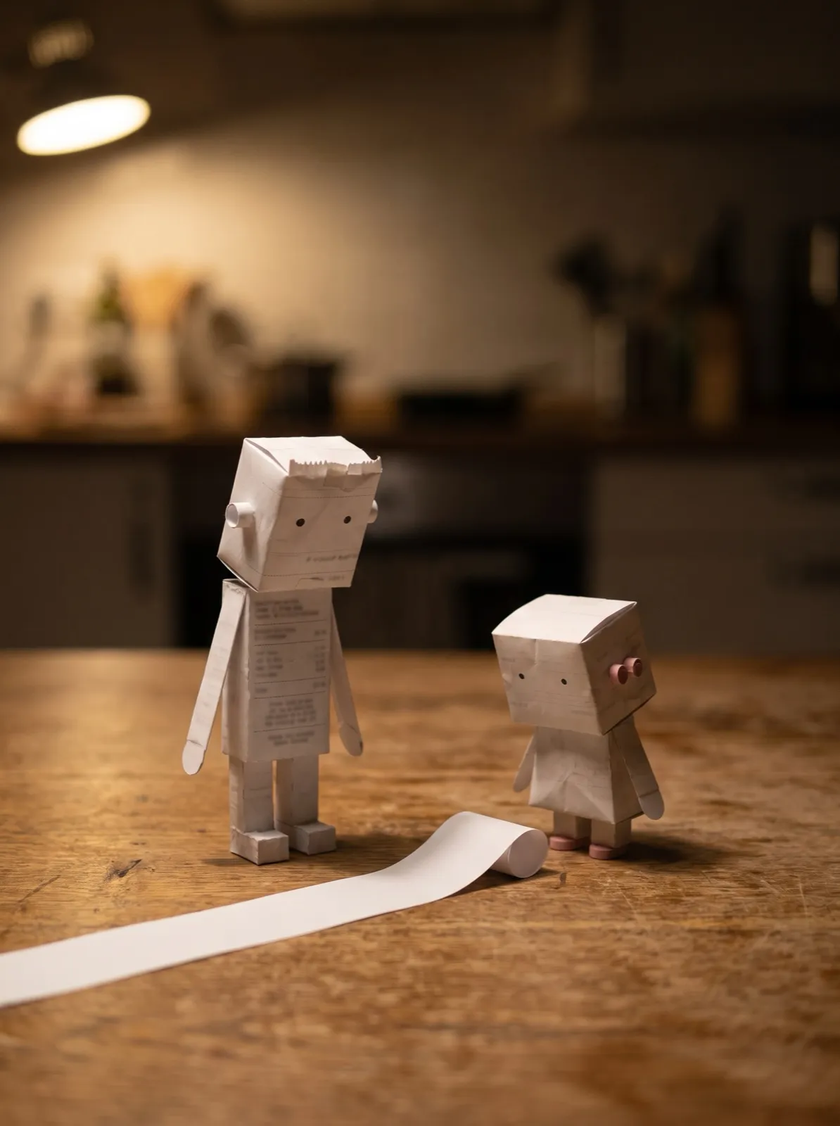 Bon and Pin, two small paper figures folded from receipts, looking at a long receipt on a wooden kitchen table